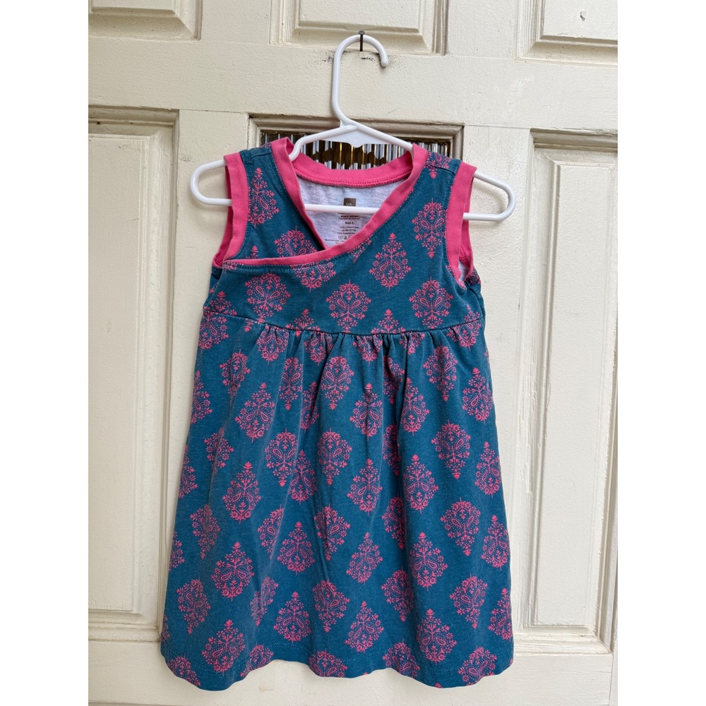 Tea Collection Girls Teal Pink Damask Block Print Cotton Sleeveless Dress Size 3